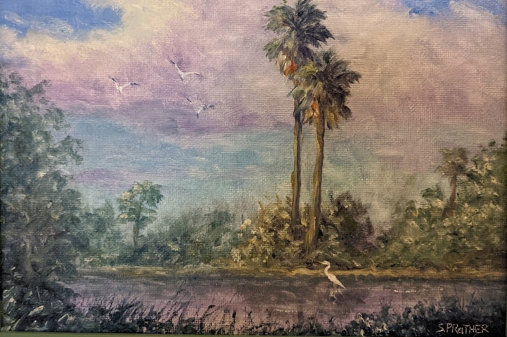 Egret and Palm Trees by S Prather
